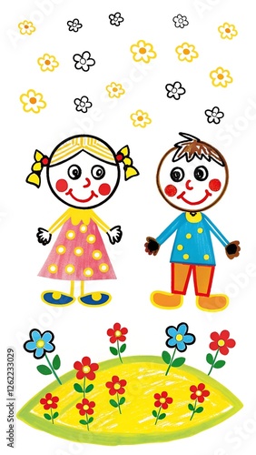 a digital illustration of a young boy and girl