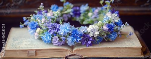 A blue flower wreath sits on top of an open book