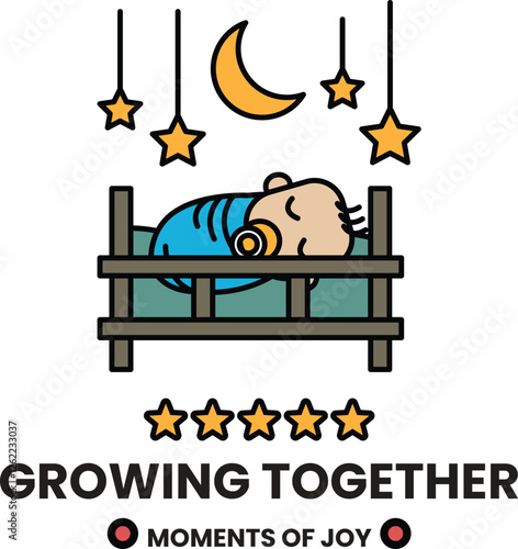 A baby is sleeping in a crib with a star above it in the style of sign illustrations