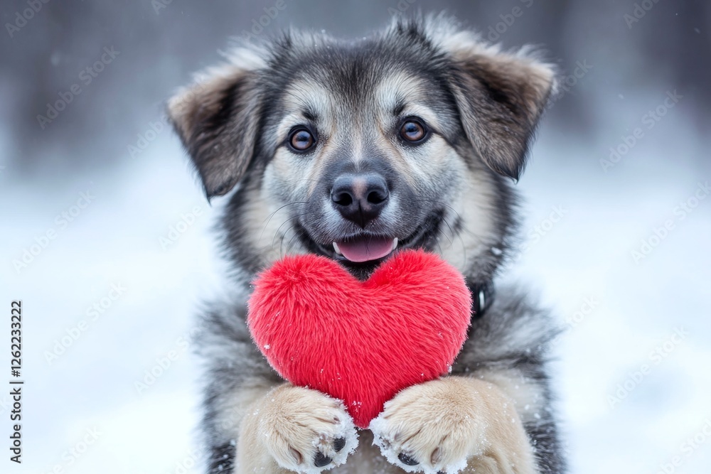 Naklejka premium Marketing domestic animal concept art artwork. Cute anatolian shepherd dog pup with fluffy red heart on a walk in a winter green space. Anatolian shepherd dog - my beloved dog, symbol of friendsh.