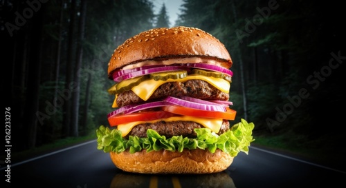 Gourmet cheeseburger with double patties and fresh vegetables on forest road photo