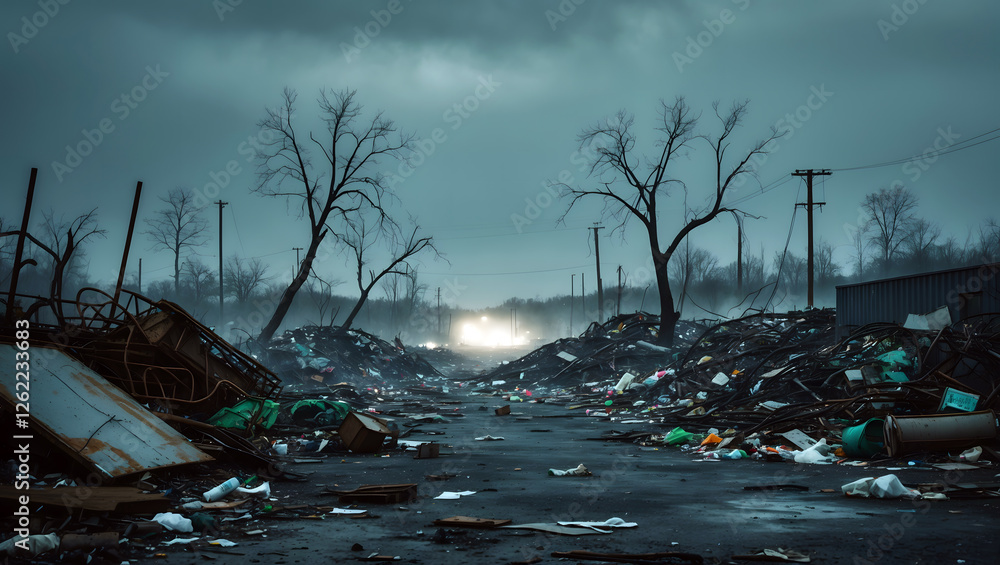 Desolate landscape filled with debris after a storm at dusk revealing ominous skies and barren trees Desolate landscape filled with debris after a storm at dusk revealing ominous skies and barren trees