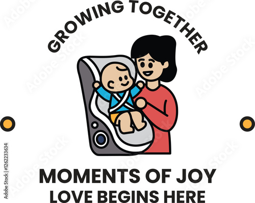 A woman is holding a baby in a car seat in the style of sign illustrations