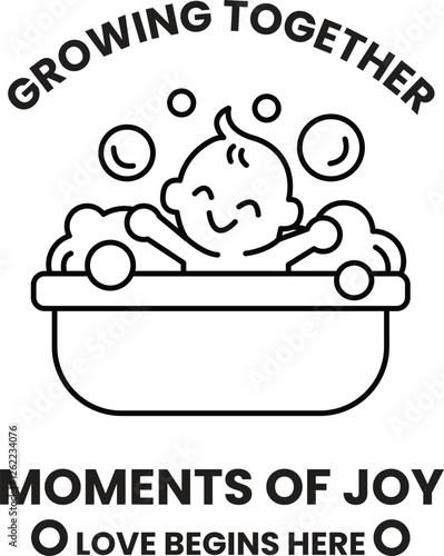 A baby is in a bathtub with bubbles in the style of sign illustrations