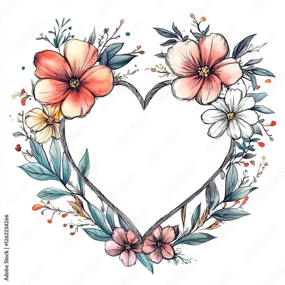 Watercolor Line Art Heart with Flower Frame Romantic Design for Valentines Wedding or Anniversary Cards Watercolor Line Art Heart with Flower Frame Romantic Design for Valentines Wedding or Anniversary Cards