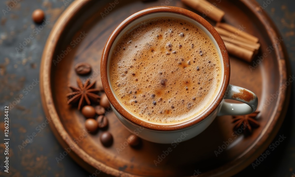 Warm coffee in rustic cup with spices Warm coffee in rustic cup with spices