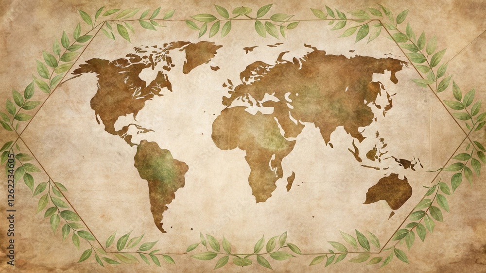 Naklejka premium Antique World Map with Ornate Green Leaf Border, an Evocative Image of Global Exploration and Discovery