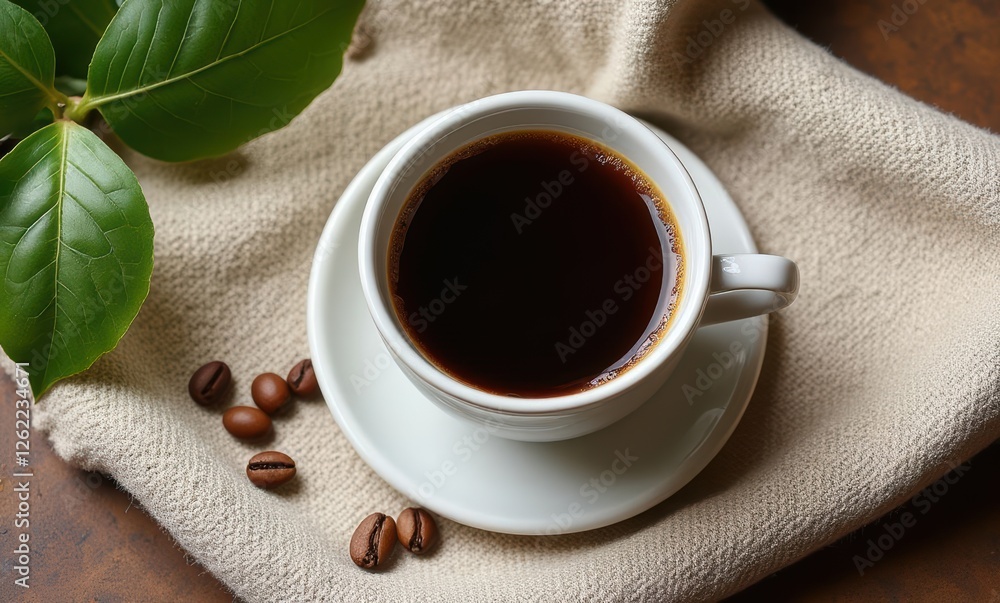 Fresh brewed coffee with beans and leaves Fresh brewed coffee with beans and leaves