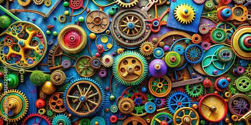 Aerial View of Intricate Mechanical Toy Doodles with Gears and Springs
