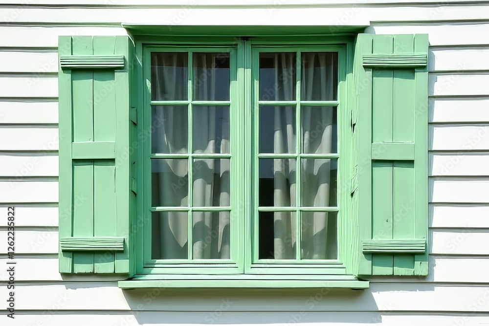 Fototapeta premium Mint Green Shutters on White House Exterior with Divided Window