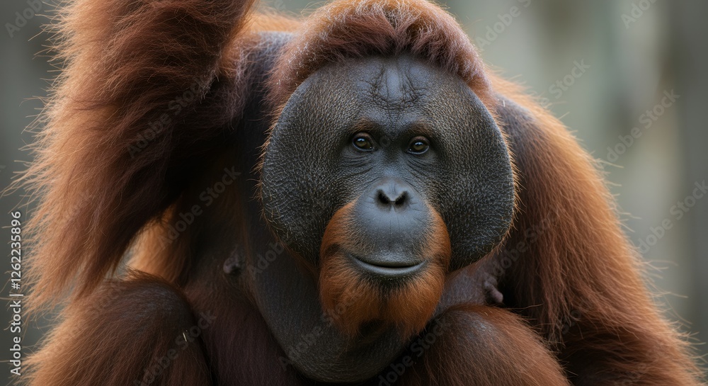 Orangutan Portrait with Gentle Expression and Detailed Fur Texture Orangutan Portrait with Gentle Expression and Detailed Fur Texture