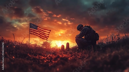 A hauntingly beautiful image of a soldier kneeling at the grave of a fallen comrade, the last rays of the sun casting a golden glow over the field, American flag waving in the background,