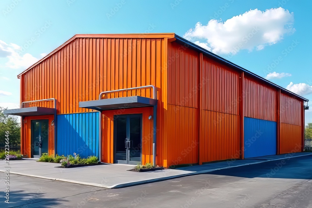 Obraz premium Modern Orange and Blue Industrial Building Facade with Canopies