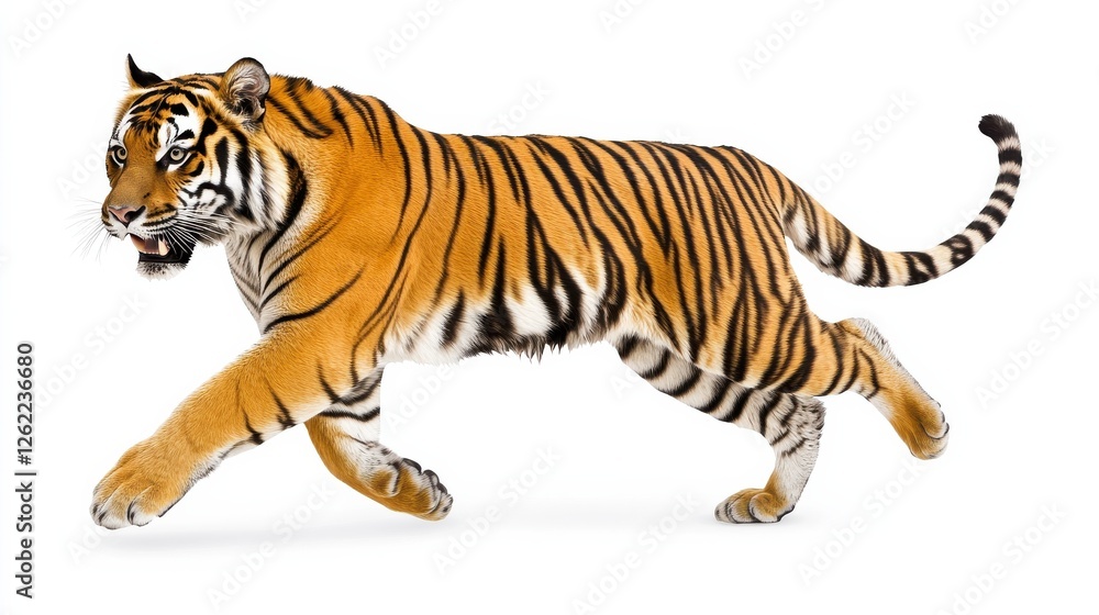 Fototapeta premium Majestic Tiger in Dynamic Motion Against a White Background