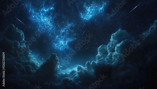 A sky filled with meteors, featuring blue and cyan tones in an anime-inspired style