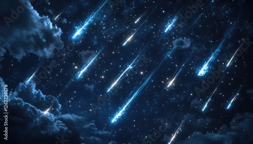 A sky filled with meteors, featuring blue and cyan tones in an anime-inspired style