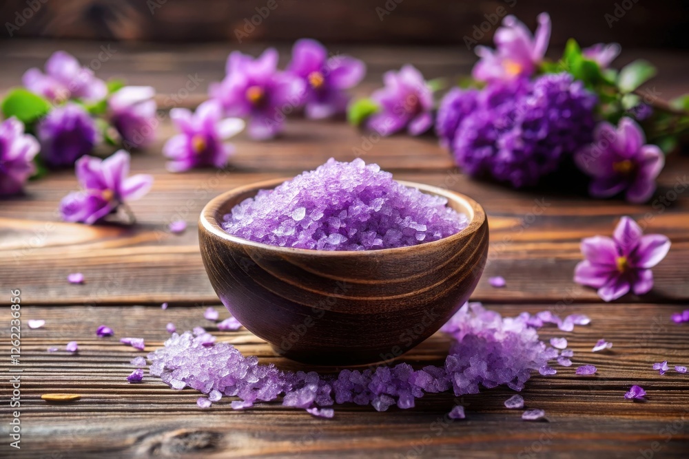 Aromatic Lavender Bath Salts in Wooden Bowl with Purple Flowers on Rustic Wooden Surface Aromatic Lavender Bath Salts in Wooden Bowl with Purple Flowers on Rustic Wooden Surface