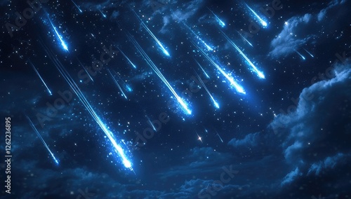 A sky filled with meteors, featuring blue and cyan tones in an anime-inspired style