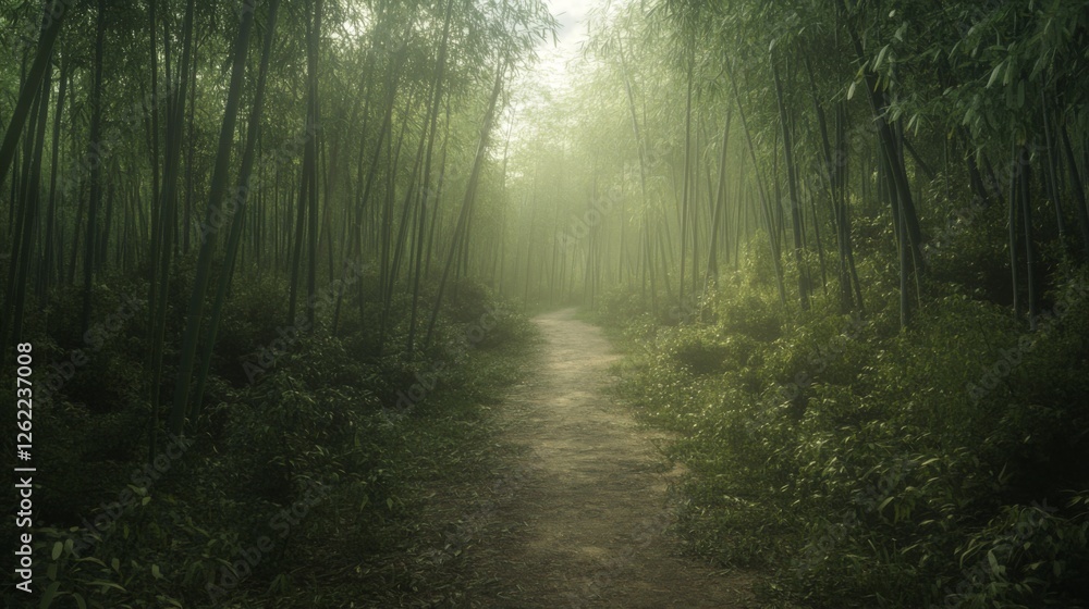 Obraz premium Misty bamboo forest path, tranquil scene, nature background, travel poster