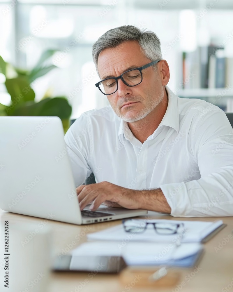 Tired Businessman Working Late on Laptop with Focused Expression in Modern Office Setting Tired Businessman Working Late on Laptop with Focused Expression in Modern Office Setting