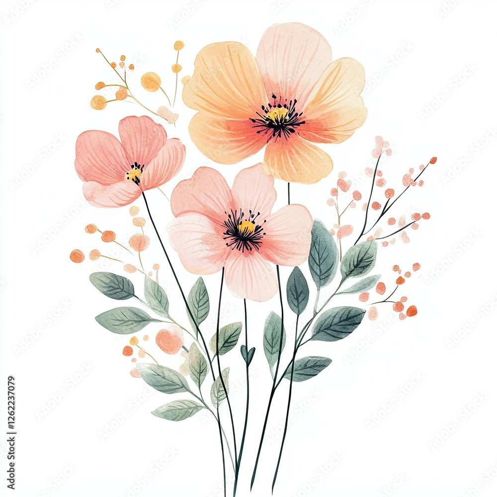 Naklejka premium Peach Pink Pastel Floral Birthday Card Watercolor Design