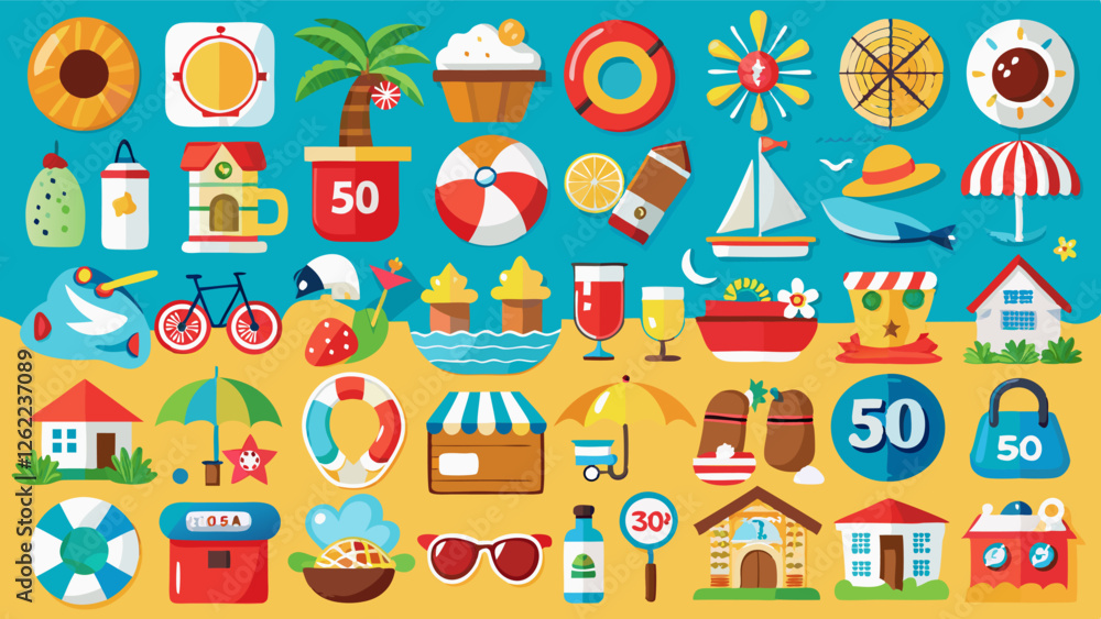 A vibrant, summer-themed illustration bursting with colorful icons of tropical fruits, beach accessories, and outdoor activities, perfectly embodying the joyful spirit of sunny vacations and seaside f A vibrant, summer-themed illustration bursting with colorful icons of tropical fruits, beach accessories, and outdoor activities, perfectly embodying the joyful spirit of sunny vacations and seaside f