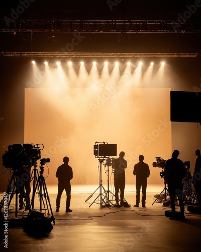 A dimly lit stage is set with spotlights and silhouettes of people, creating a dramatic atmosphere for a production or performance.