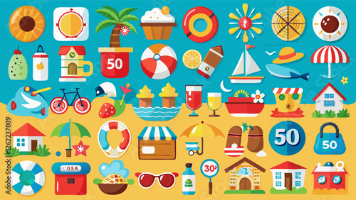 A vibrant, summer-themed illustration bursting with colorful icons of tropical fruits, beach accessories, and outdoor activities, perfectly embodying the joyful spirit of sunny vacations and seaside f
