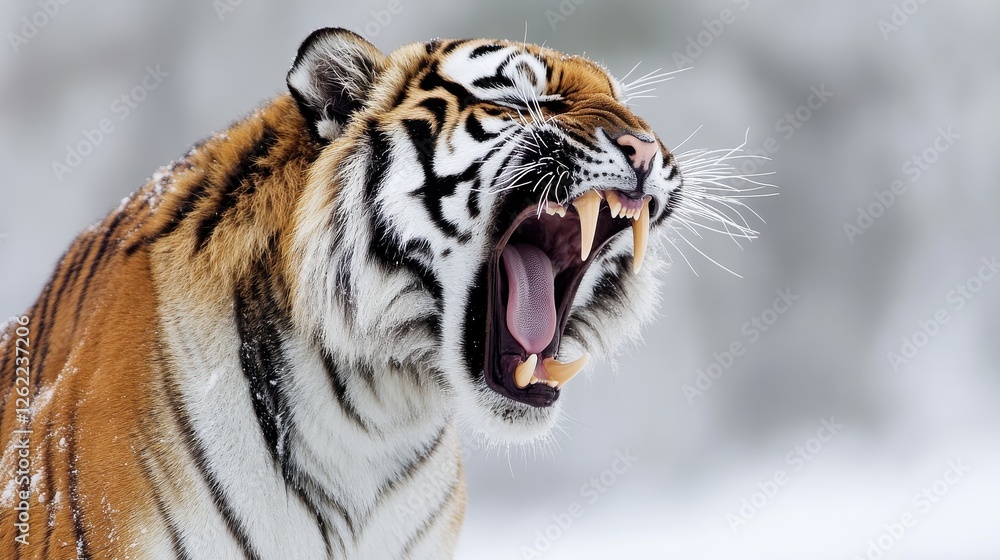 Obraz premium Majestic Tiger Roaring in the Snowy Wilderness of Winter Landscape