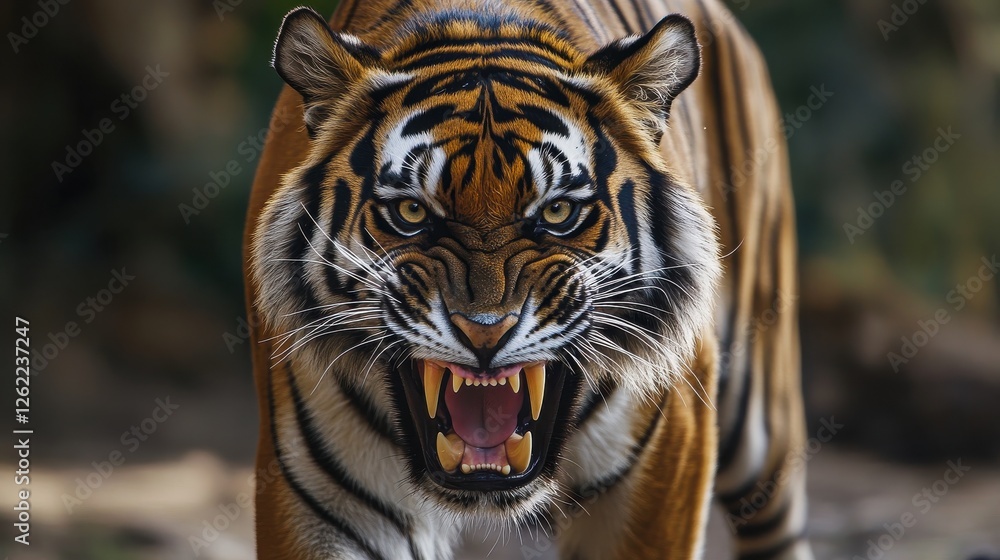 Fototapeta premium Fierce Tiger Staring with Intense Gaze in Jungle Environment