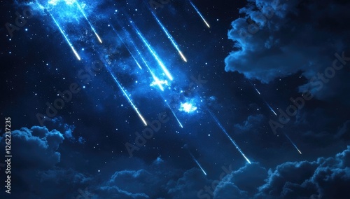 A sky filled with meteors, featuring blue and cyan tones in an anime-inspired style