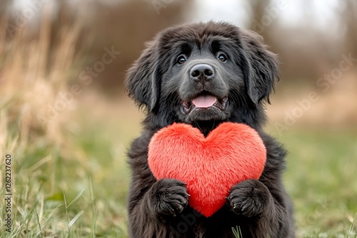 Cute newfoundland pooch with fluffy red heart on a walk in a spring park. Commercial companion conceptual art. Newfoundland - my preferred dog, symbol of friendship. Dog expressing love. photo