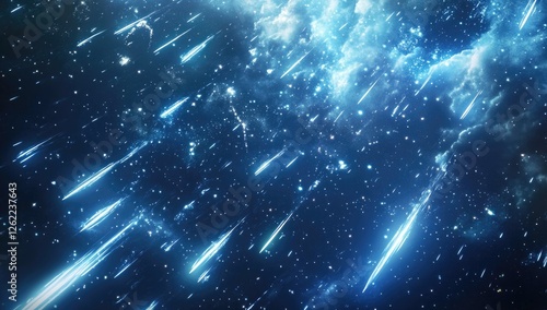 A sky filled with meteors, featuring blue and cyan tones in an anime-inspired style