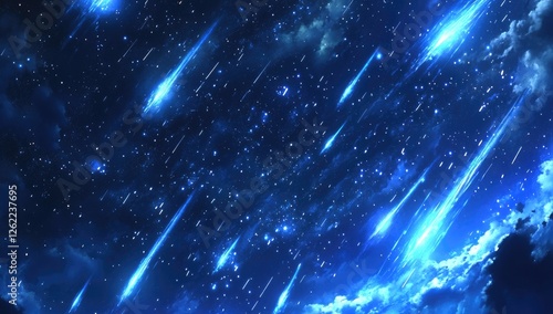 A sky filled with meteors, featuring blue and cyan tones in an anime-inspired style