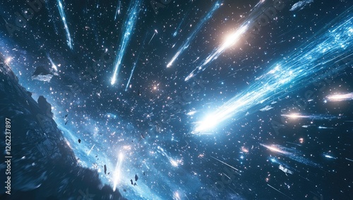 A sky filled with meteors, featuring blue and cyan tones in an anime-inspired style
