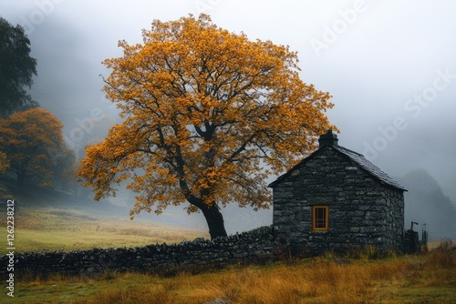 A small stone house in the Lake District, England. The tree is orange and yellow with autumn leaves on it.