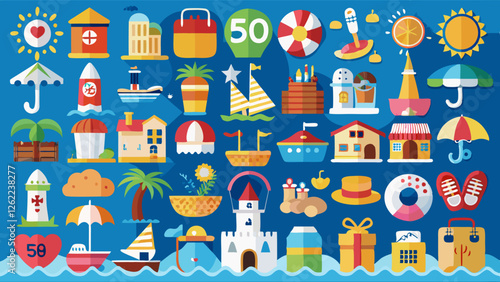 the joy of summer with a charming array of colorful icons, including beach umbrellas, sailboats, sun hats, and ice cream, creating an atmosphere of fun and relaxation