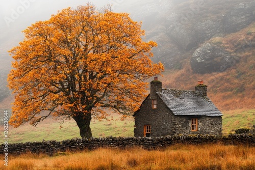 A small stone house in the Lake District, England. The tree is orange and yellow with autumn leaves on it.