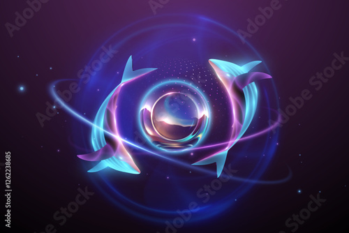 Neon light sphere with whales and effects