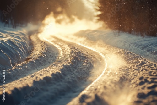 A snow-covered ground with a car driving on it, leaving behind long tracks of snow in its wake.