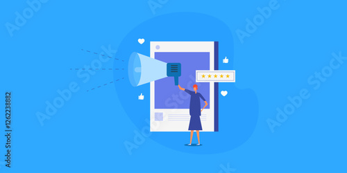 Woman with megaphone in hand promoting social media content, influencer marketing concept.