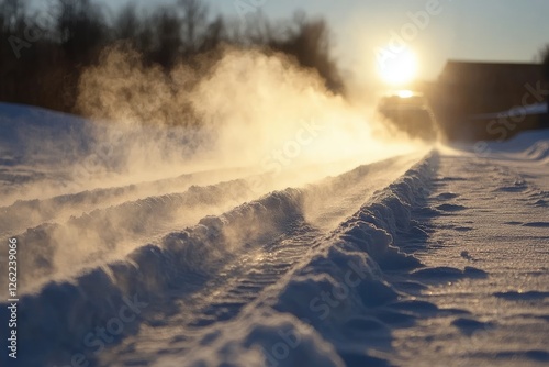 A snow-covered ground with a car driving on it, leaving behind long tracks of snow in its wake.