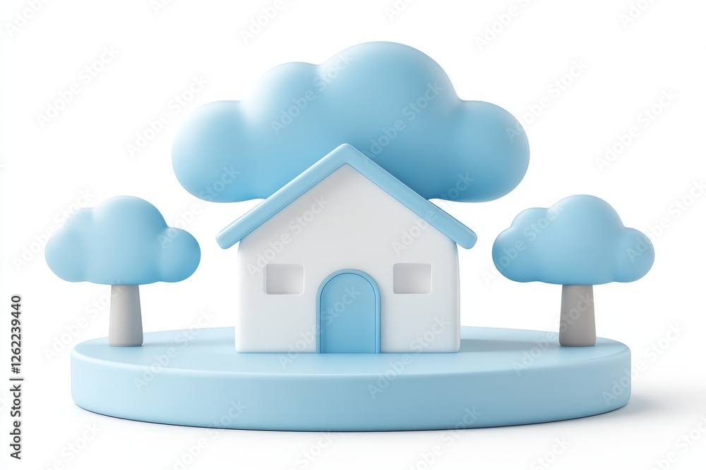 Fototapeta premium Minimalistic white house surrounded by stylized blue trees in a clean, serene environment for a modern eco friendly conceptual design