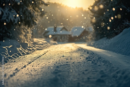 A snow-covered ground with a car driving on it, leaving behind long tracks of snow in its wake.
