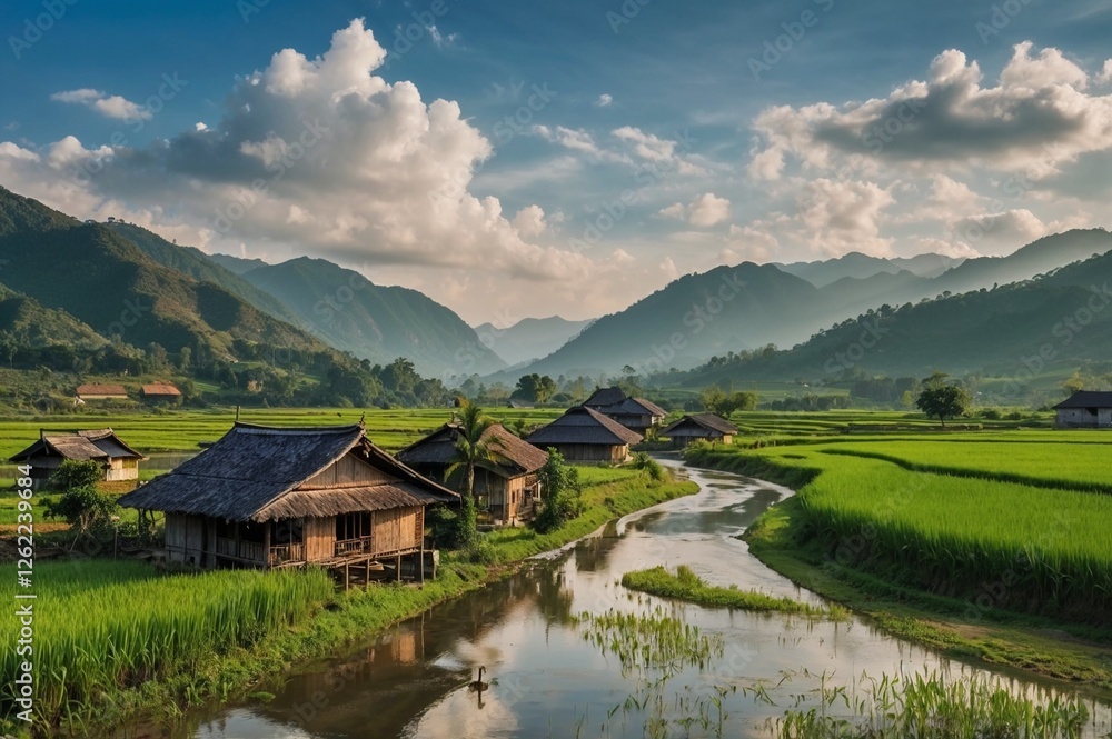 Obraz premium mountain view with river and hut