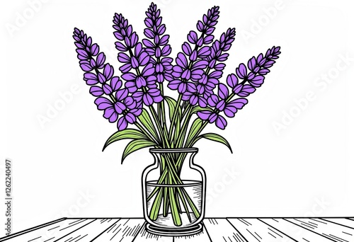 Botanical Coloring Book Page: Elegant Vase of Purple Lupins - Detailed Line Art for Adults, Minimalist Style, Flat Colored Outline, Simplistic Vector Design on White.

 photo