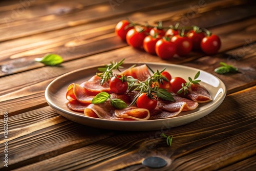 Wallpaper Mural Appetizing Slices of Delicate Cured Meat Arranged on a Plate with Fresh Herbs and Vibrant Cherry Tomatoes, All Set on a Rustic Wooden Table Torontodigital.ca