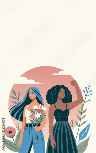 Vector banner women's day with space for text, different women with flowers and protest gesture stand together, gender equality and empowerment. Suitable for feminism projects, website, social media