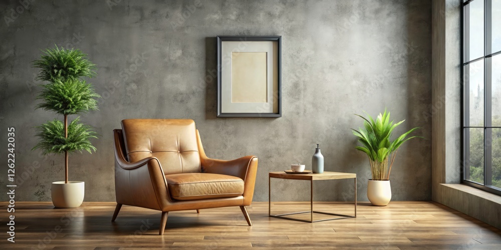 Fototapeta premium Modern Minimalist Living Room: Beige Leather Chair, Side Table, Empty Frame, Textured Wall