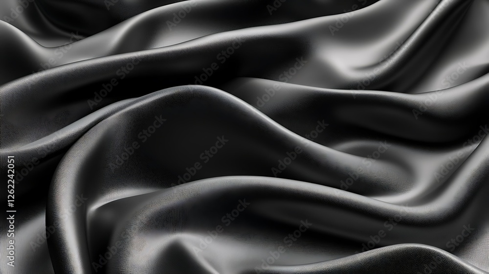 Fototapeta premium Elegant black silk fabric drapes, soft waves, luxury texture, background for design